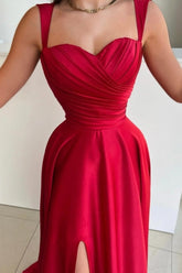 Vintage Red Prom Dress A Line Satin Pleated Sleeveless Formal Dress With Slit